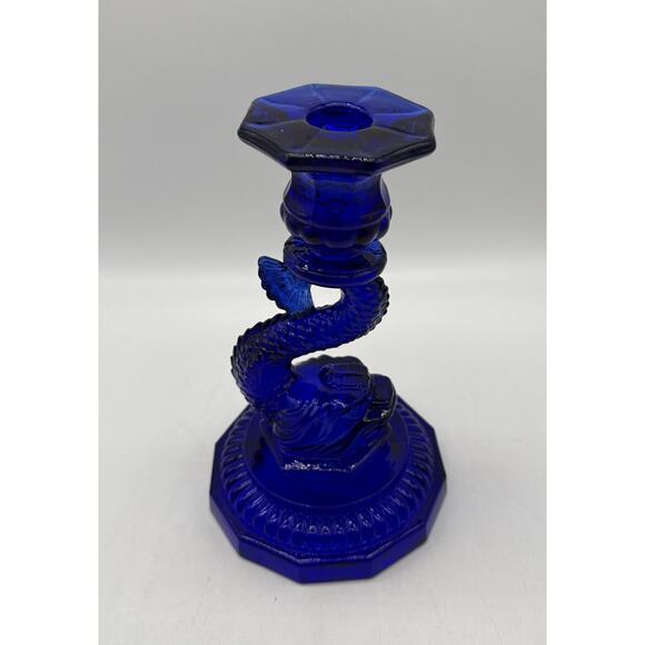 VINTAGE COBALT BLUE GLASS KOI FISH DRAGON TAPER CANDLESTICK CANDLE HOLDER. - Picture 2 of 7